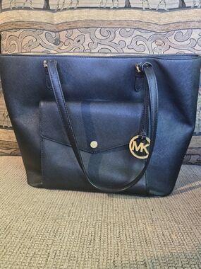 Michael Kors Black Tote with Gold MK Charm and Front Pocket